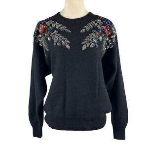 Vintage 90s Embellished Sweater Angora Lambswool Sequin Floral Black Women Large